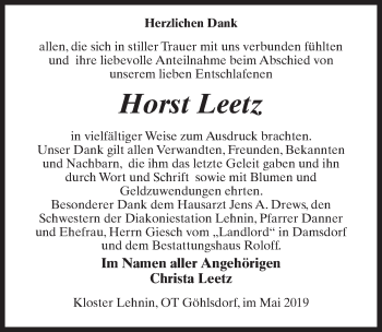 Traueranzeige von Horst Leetz von Märkischen Allgemeine Zeitung