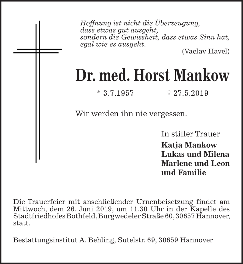  Traueranzeige für Horst Mankow vom 08.06.2019 aus Hannoversche Allgemeine Zeitung/Neue Presse