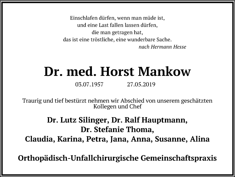  Traueranzeige für Horst Mankow vom 08.06.2019 aus Hannoversche Allgemeine Zeitung/Neue Presse