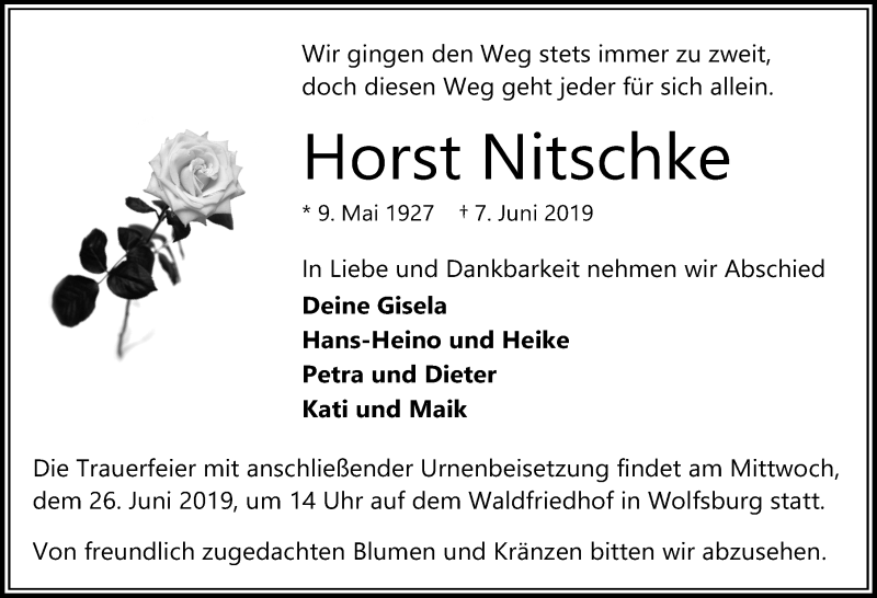  Traueranzeige für Horst Nitschke vom 17.06.2019 aus Aller Zeitung