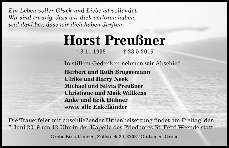  Traueranzeige für Horst Preußner vom 01.06.2019 aus Göttinger Tageblatt