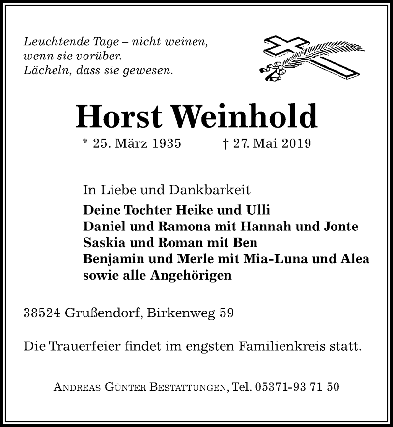  Traueranzeige für Horst Weinhold vom 01.06.2019 aus Aller Zeitung