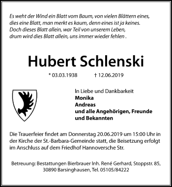 Traueranzeige von Hubert Schlenski von Hannoversche Allgemeine Zeitung/Neue Presse