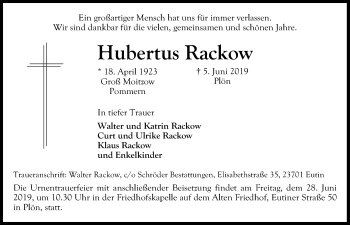 Traueranzeige von Hubertus Rackow von Kieler Nachrichten