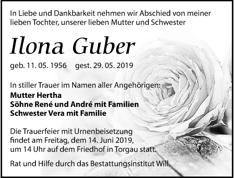  Traueranzeige für Ilona Guber vom 07.06.2019 aus Torgauer Zeitung