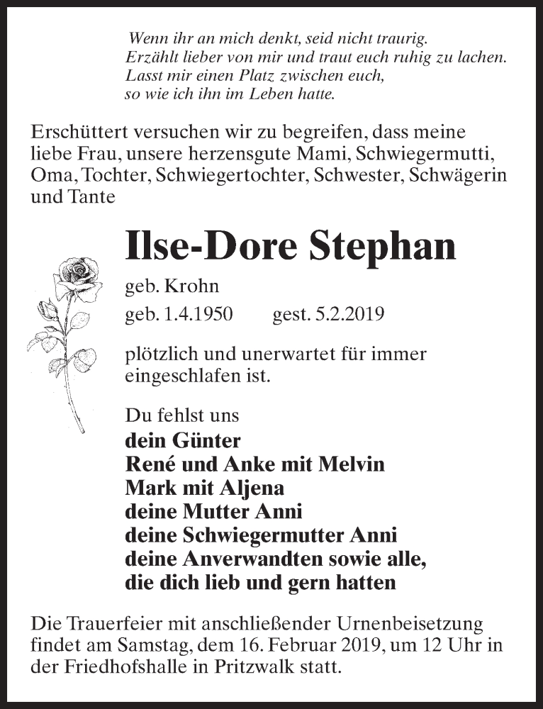  Traueranzeige für Ilse-Dore Stephan vom 09.02.2019 aus Märkischen Allgemeine Zeitung