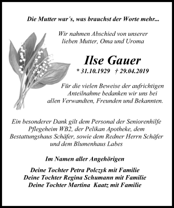 Traueranzeige von Ilse Gauer von Märkischen Allgemeine Zeitung