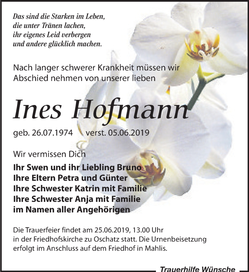  Traueranzeige für Ines Hofmann vom 15.06.2019 aus Leipziger Volkszeitung