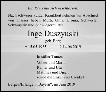 Traueranzeige von Inge Duszyuski von Ostsee-Zeitung GmbH