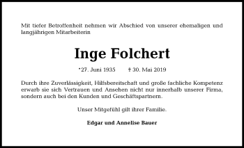 Traueranzeige von Inge Folchert von Kieler Nachrichten