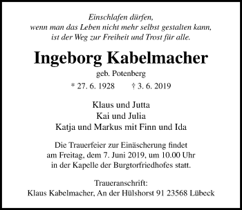 Traueranzeige von Ingeborg Kabelmacher von Lübecker Nachrichten