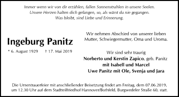 Traueranzeige von Ingeburg Panitz von Hannoversche Allgemeine Zeitung/Neue Presse