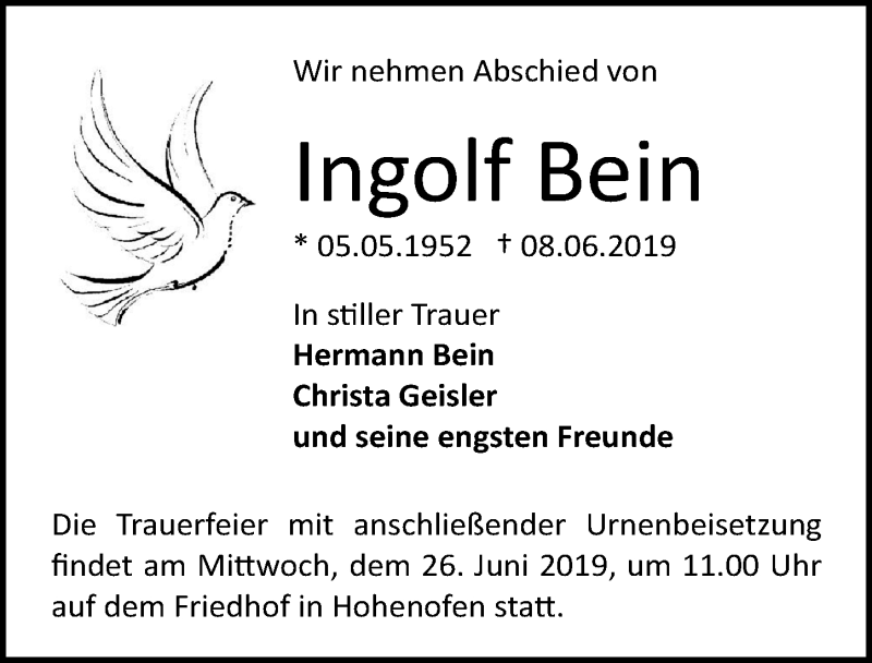  Traueranzeige für Ingolf Bein vom 15.06.2019 aus Märkischen Allgemeine Zeitung