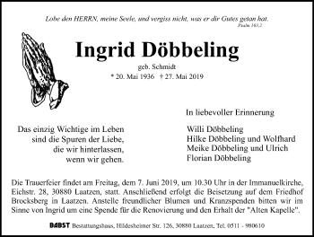 Traueranzeige von Ingrid Döbbeling von Hannoversche Allgemeine Zeitung/Neue Presse