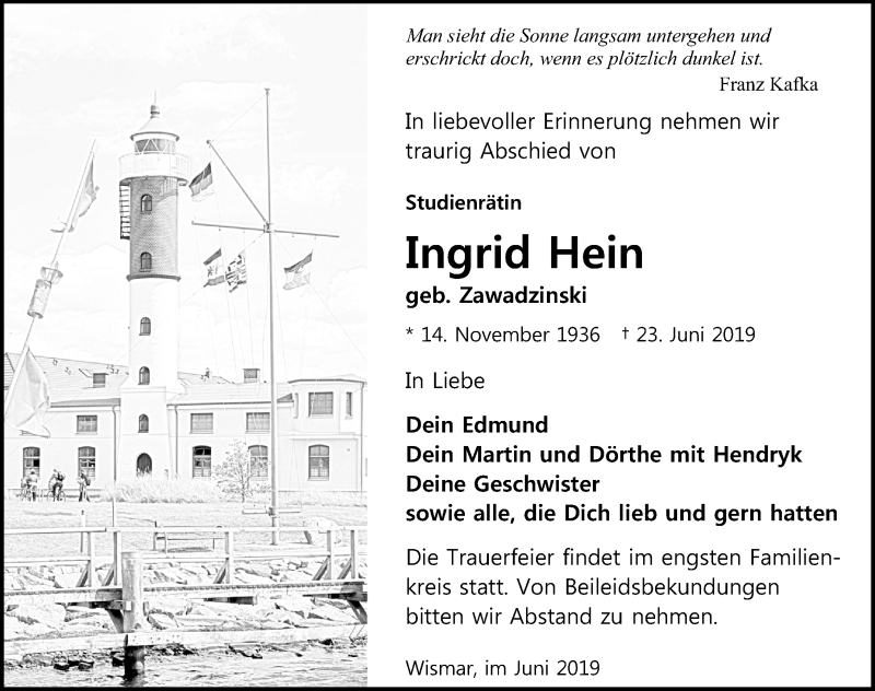  Traueranzeige für Ingrid Hein vom 29.06.2019 aus Ostsee-Zeitung GmbH
