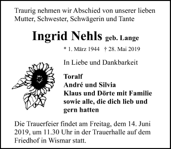 Traueranzeige von Ingrid Nehls von Ostsee-Zeitung GmbH