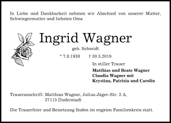 Traueranzeige von Ingrid Wagner von Eichsfelder Tageblatt