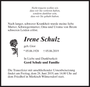 Traueranzeige von Irene Schulz von Märkischen Allgemeine Zeitung