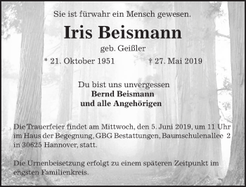 Traueranzeige von Iris Beismann von Hannoversche Allgemeine Zeitung/Neue Presse
