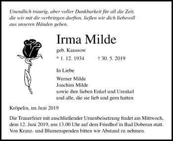 Traueranzeige von Irma Milde von Ostsee-Zeitung GmbH