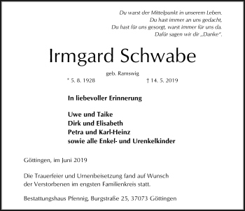 Traueranzeige von Irmgard Schwabe von Göttinger Tageblatt