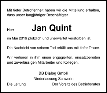 Traueranzeige von Jan Quint von Ostsee-Zeitung GmbH