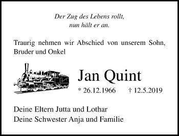 Traueranzeige von Jan Quint von Ostsee-Zeitung GmbH