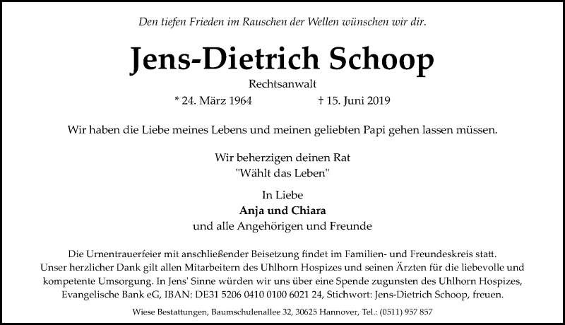  Traueranzeige für Jens-Dietrich Schoop vom 22.06.2019 aus Göttinger Tageblatt