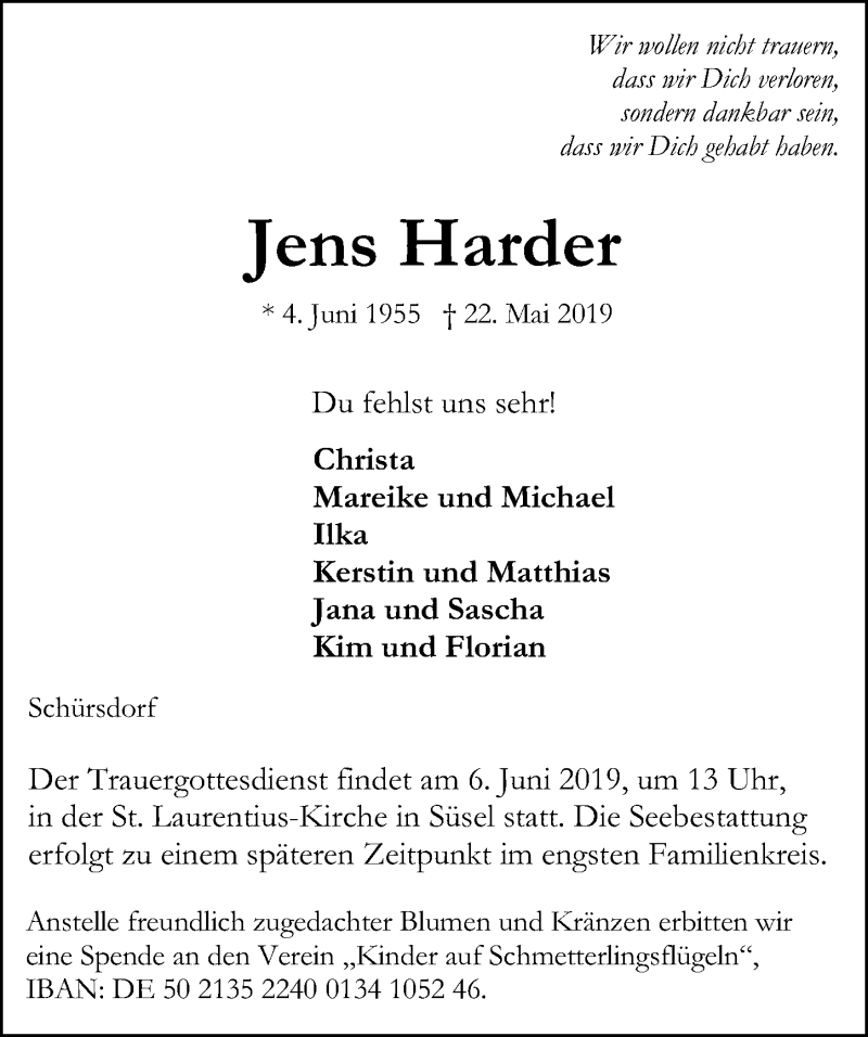  Traueranzeige für Jens Harder vom 02.06.2019 aus Lübecker Nachrichten