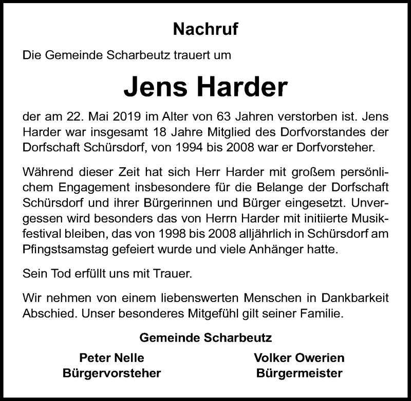  Traueranzeige für Jens Harder vom 05.06.2019 aus Lübecker Nachrichten