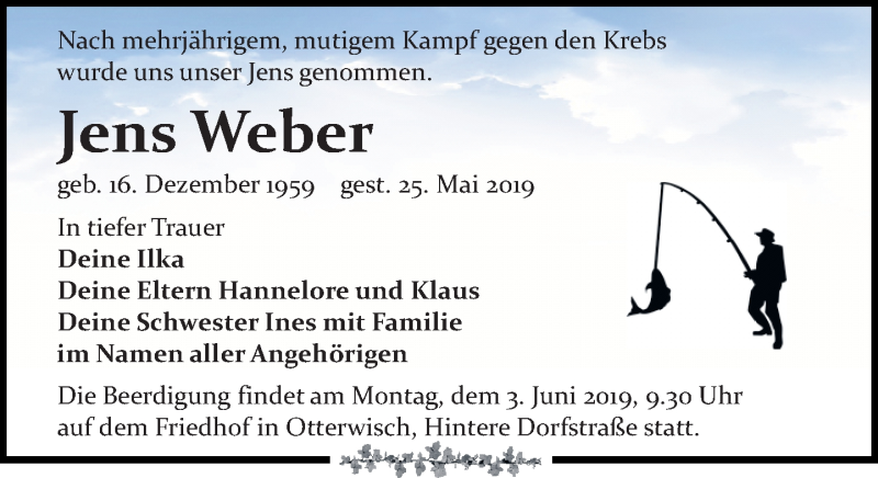  Traueranzeige für Jens Weber vom 01.06.2019 aus Leipziger Volkszeitung