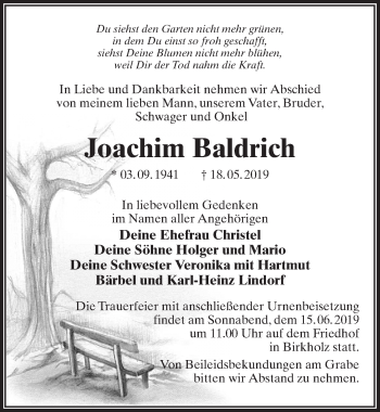 Traueranzeige von Joachim Baldrich von Märkischen Allgemeine Zeitung