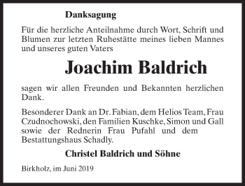 Traueranzeige von Joachim Baldrich von Märkischen Allgemeine Zeitung