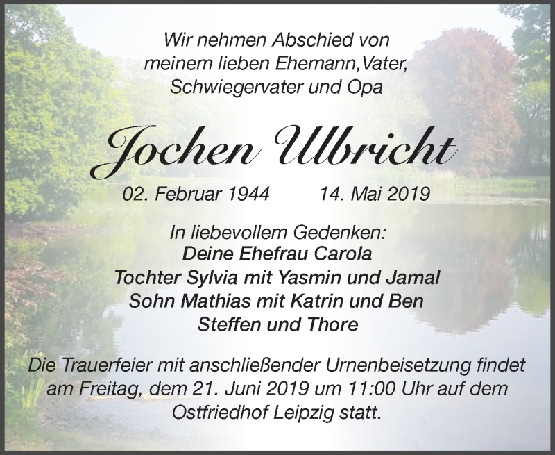  Traueranzeige für Jochen Ulbricht vom 08.06.2019 aus Leipziger Volkszeitung