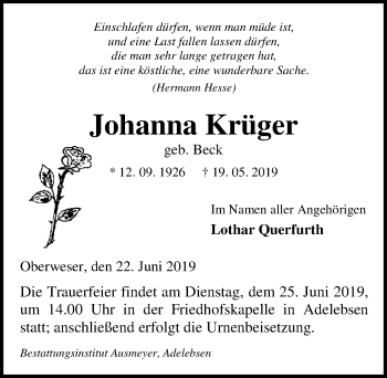 Traueranzeige von Johanna Krüger von Göttinger Tageblatt