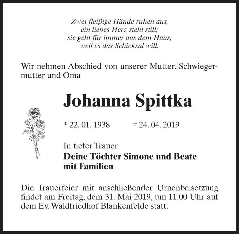  Traueranzeige für Johanna Spittka vom 21.05.2019 aus Märkischen Allgemeine Zeitung