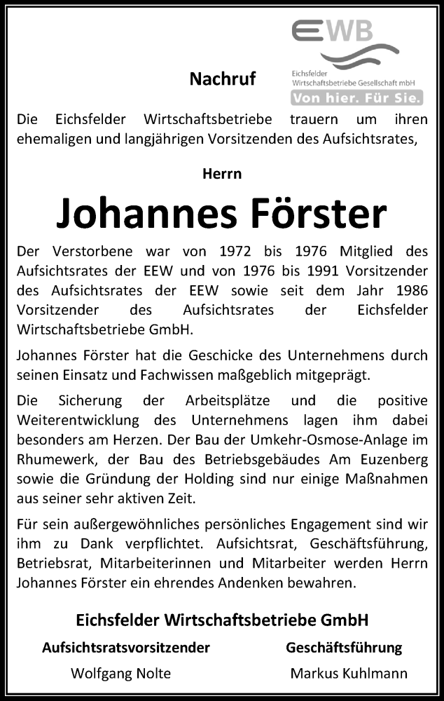  Traueranzeige für Johannes Förster vom 18.06.2019 aus Eichsfelder Tageblatt