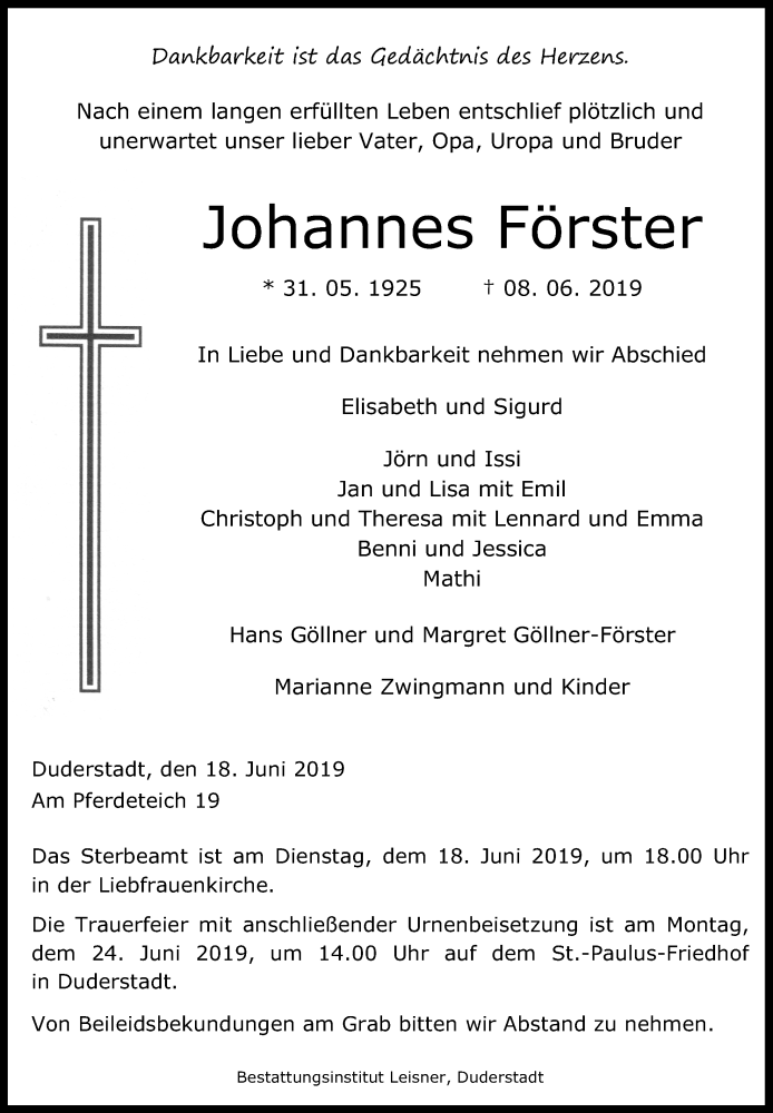  Traueranzeige für Johannes Förster vom 18.06.2019 aus Göttinger Tageblatt