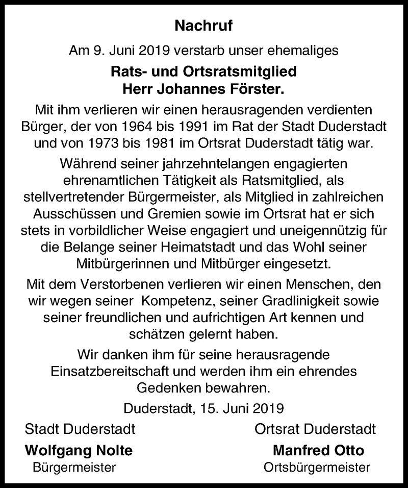  Traueranzeige für Johannes Förster vom 15.06.2019 aus Eichsfelder Tageblatt