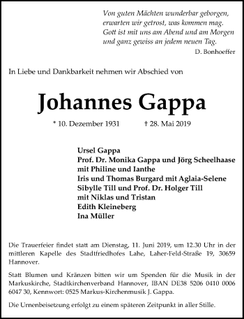 Traueranzeige von Johannes Gappa von Hannoversche Allgemeine Zeitung/Neue Presse