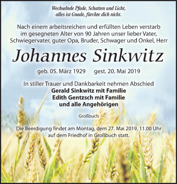 Traueranzeige von Johannes Sinkwitz von Leipziger Volkszeitung
