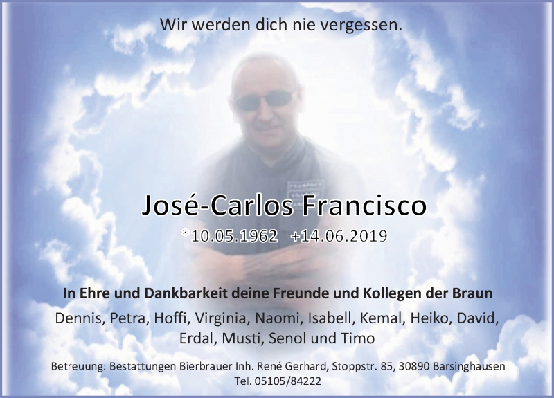  Traueranzeige für Jose-Carlos Francisco vom 22.06.2019 aus Hannoversche Allgemeine Zeitung/Neue Presse