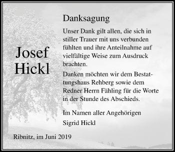 Traueranzeige von Josef Hickl von Ostsee-Zeitung GmbH