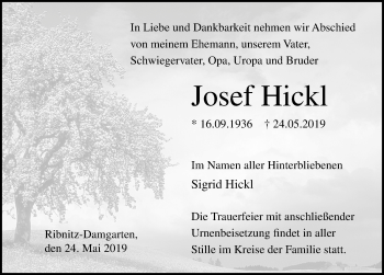 Traueranzeige von Josef Hickl von Ostsee-Zeitung GmbH