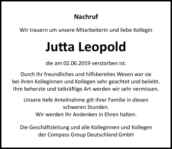 Traueranzeige von Jutta Leopold von Ostsee-Zeitung GmbH