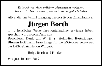 Traueranzeige von Jürgen Borth von Ostsee-Zeitung GmbH