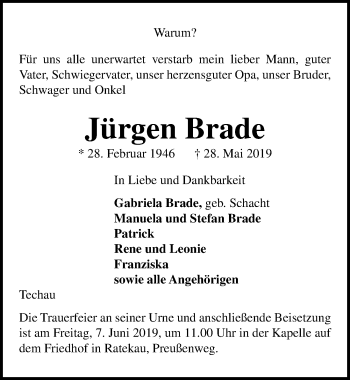 Traueranzeige von Jürgen Brade von Lübecker Nachrichten