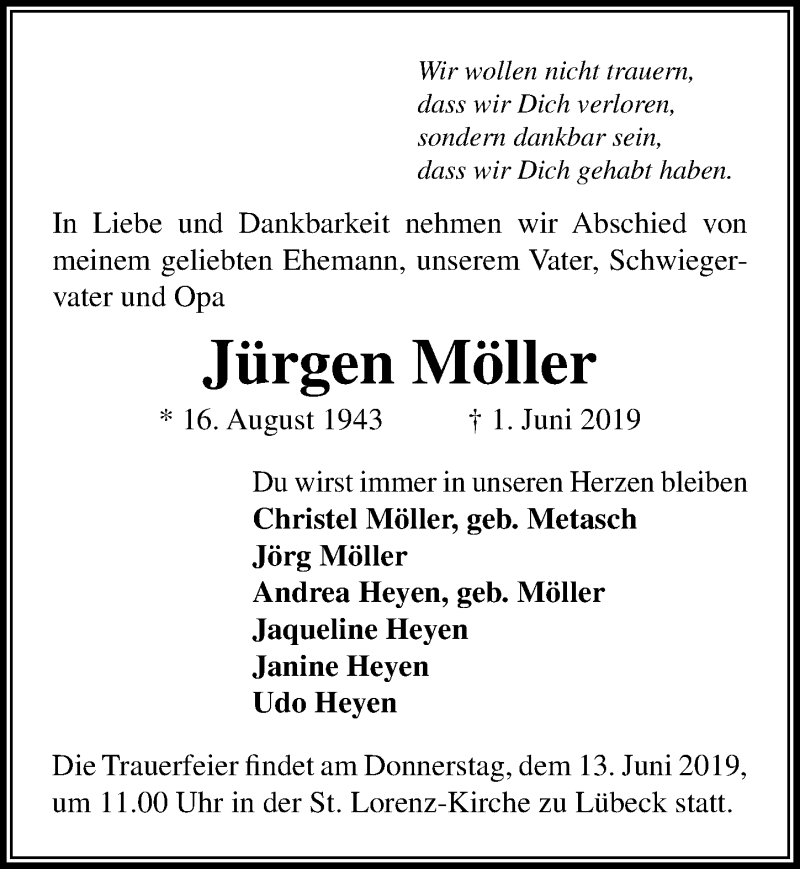  Traueranzeige für Jürgen Möller vom 09.06.2019 aus Lübecker Nachrichten