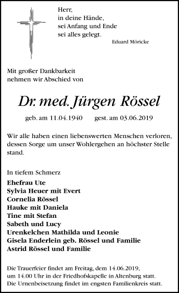 Traueranzeige von Jürgen Rössel von Leipziger Volkszeitung