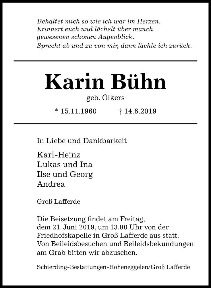  Traueranzeige für Karin Bühn vom 18.06.2019 aus Peiner Allgemeine Zeitung